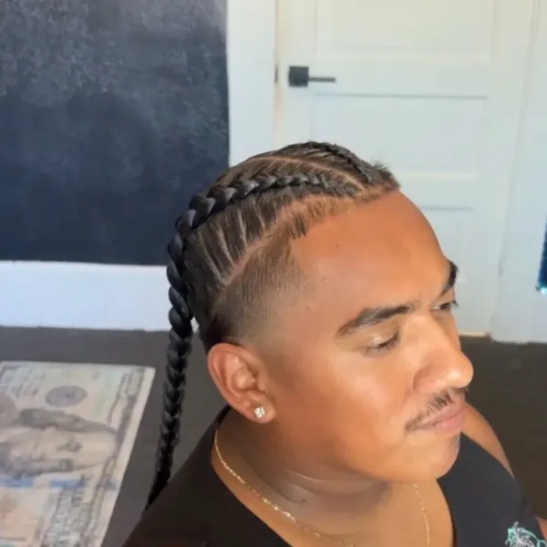 Two stitch braids running parallel from front to back on natural hair